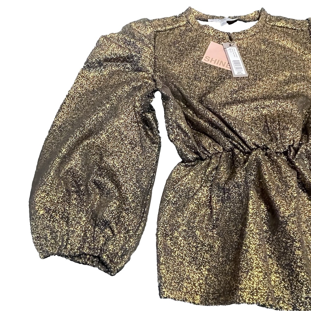 Alex‎ & Parker Women's L Gold Shimmer Holiday Balloon Plated Sleeves Blouse Top - Picture 3 of 9